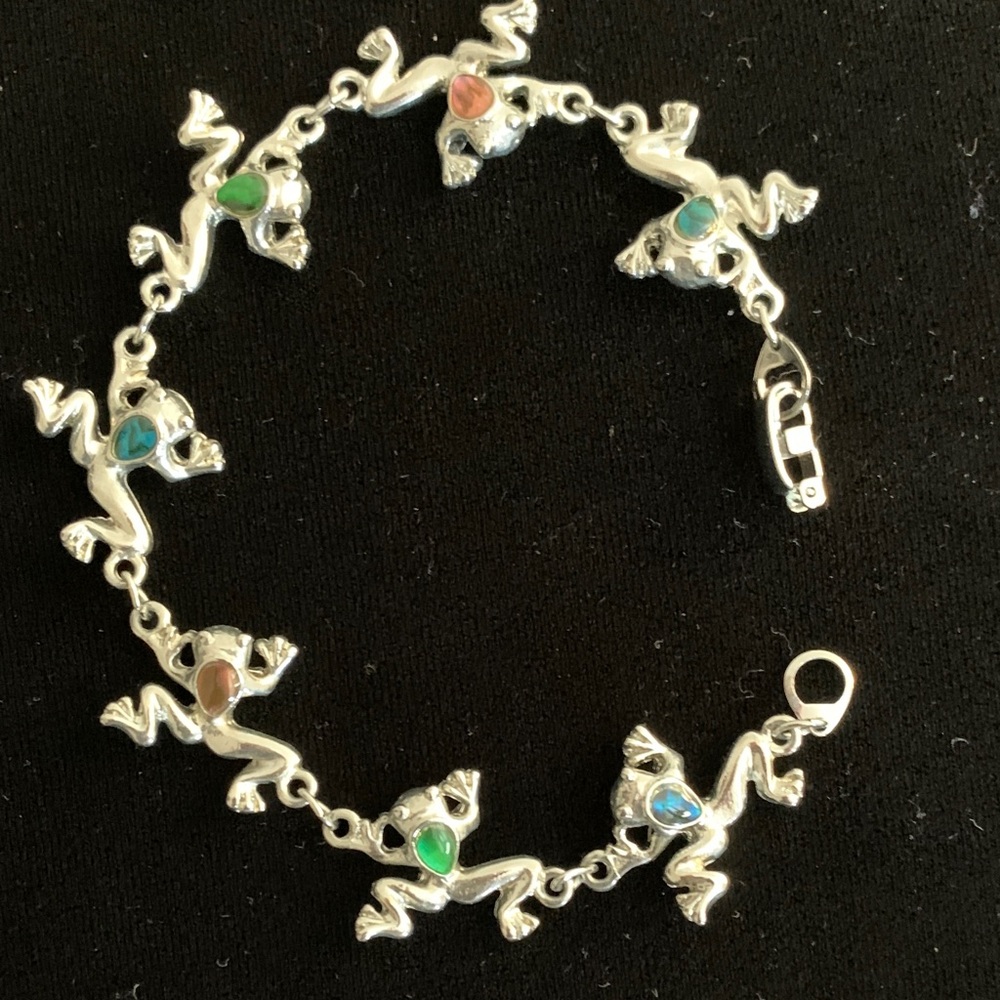 Frog Silver Toned Bracelet with Multicolored Shell Mother of Pearl